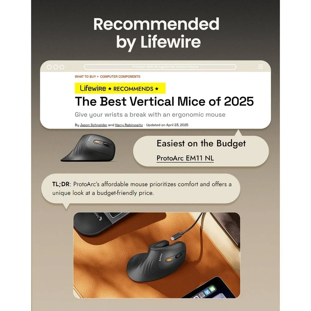 ProtoArc EM11 NL Wireless Vertical Ergonomic Mouse Bluetooth 2.4G Rechargeable